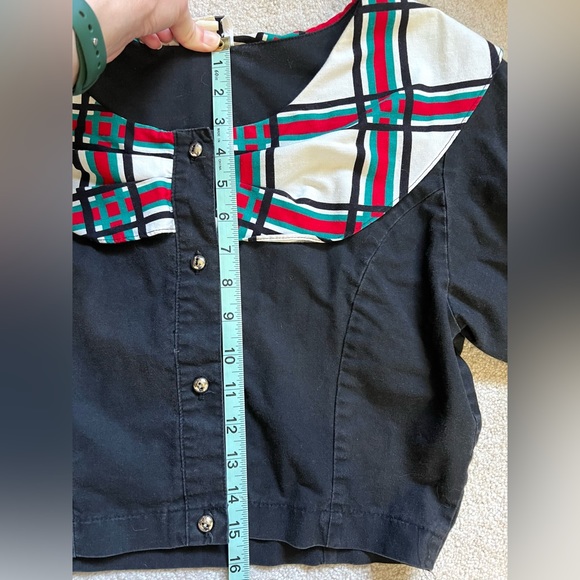 Vintage Banjo Dallas Black Plaid Cropped Western Shirt Size Medium Made in USA - Picture 6 of 7